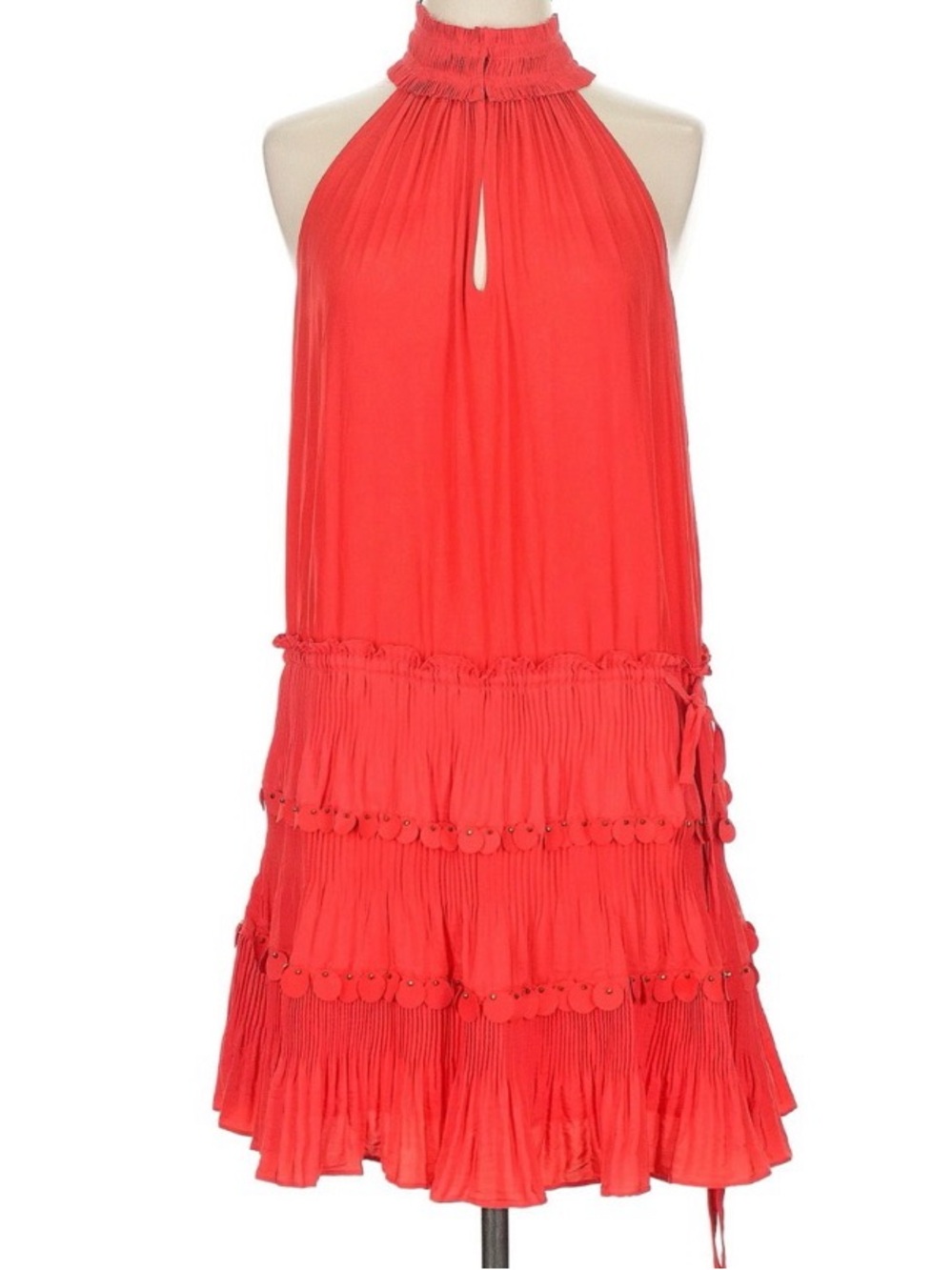Ramy Brook Red Pleated Tiered Ruffle Mini Dress Halter V-Neck Smocked Boho L